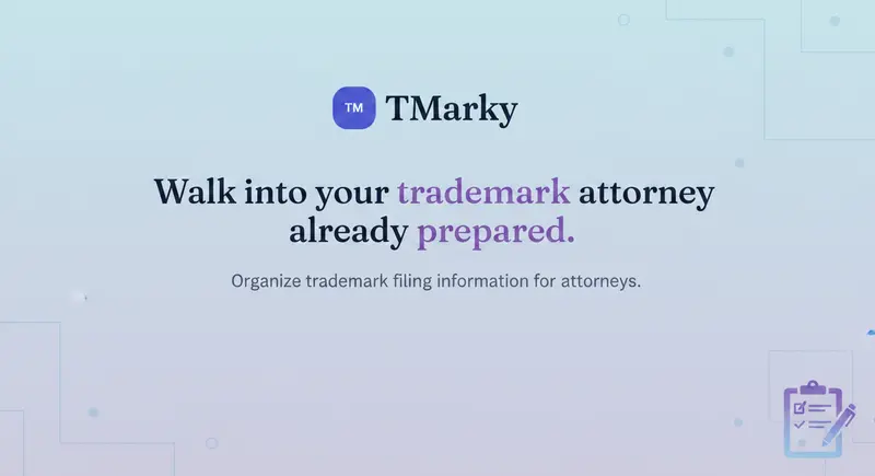 TMarky cover graphic: TM badge and wordmark with the headline 'Walk into your trademark attorney already prepared.'
